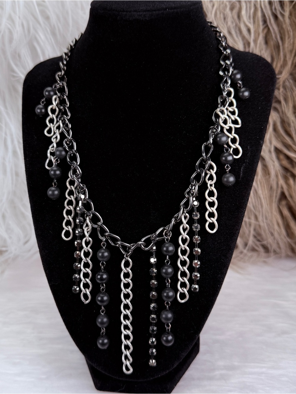 Vintage Black Silver Tone Chain Fringe Statement Necklace